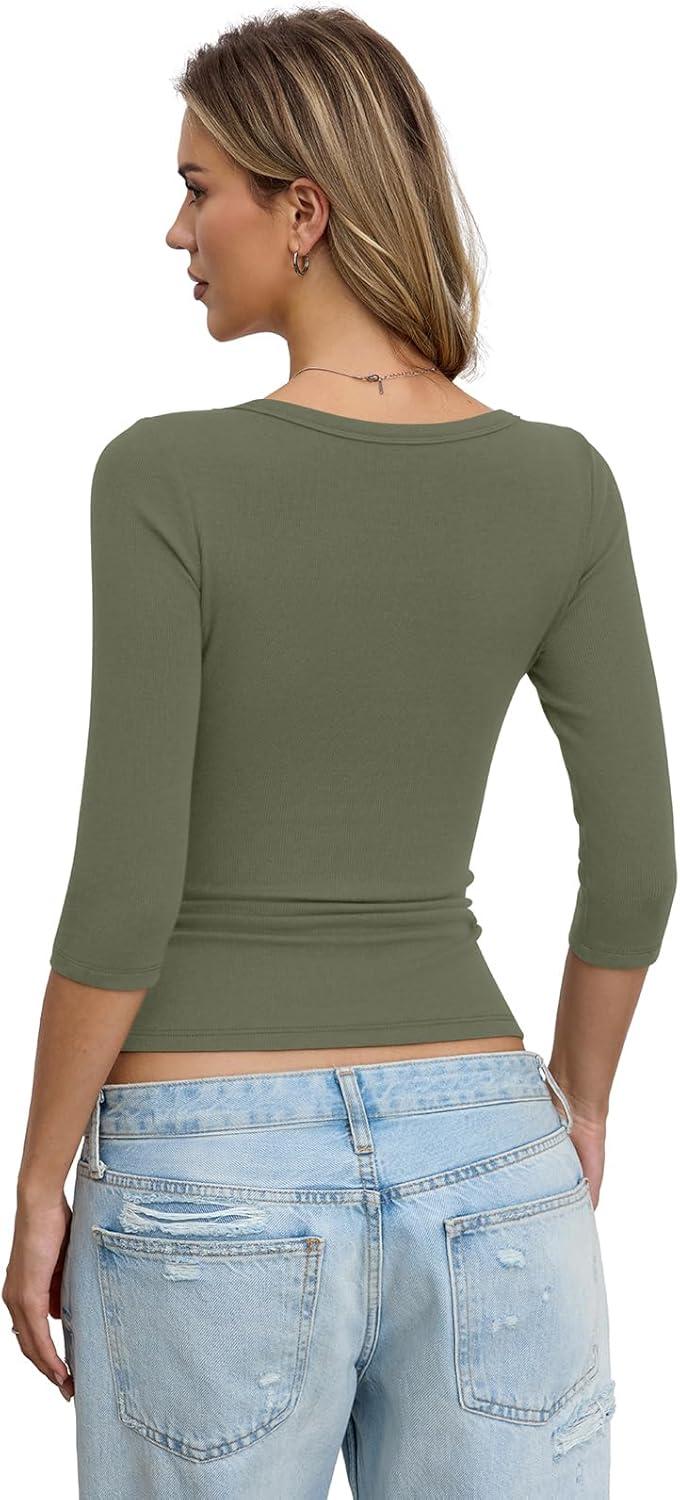 image:imageWomens Cotton Ribbed 34 Length Sleeve Shirts Y2K Scoop Neck T Shirts Slim Fit Going Out Spring Trendy ClothesGreen