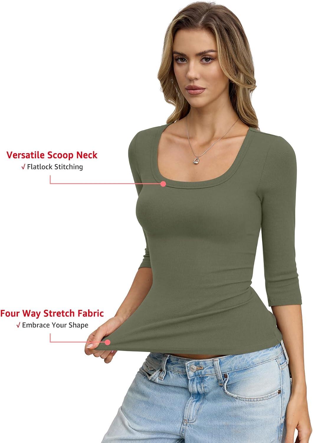 image:imageWomens Cotton Ribbed 34 Length Sleeve Shirts Y2K Scoop Neck T Shirts Slim Fit Going Out Spring Trendy ClothesGreen