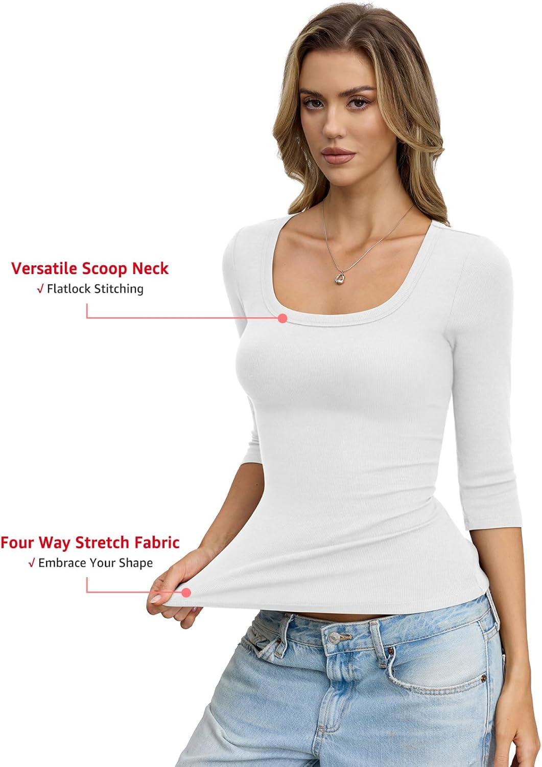 image:imageWomens Cotton Ribbed 34 Length Sleeve Shirts Y2K Scoop Neck T Shirts Slim Fit Going Out Spring Trendy ClothesWhite