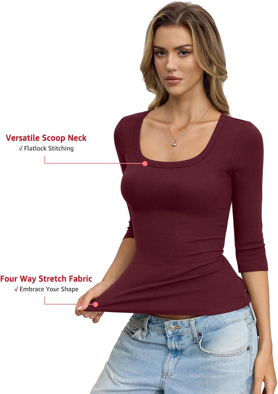 image:imageWomens Cotton Ribbed 34 Length Sleeve Shirts Y2K Scoop Neck T Shirts Slim Fit Going Out Spring Trendy ClothesWine Red