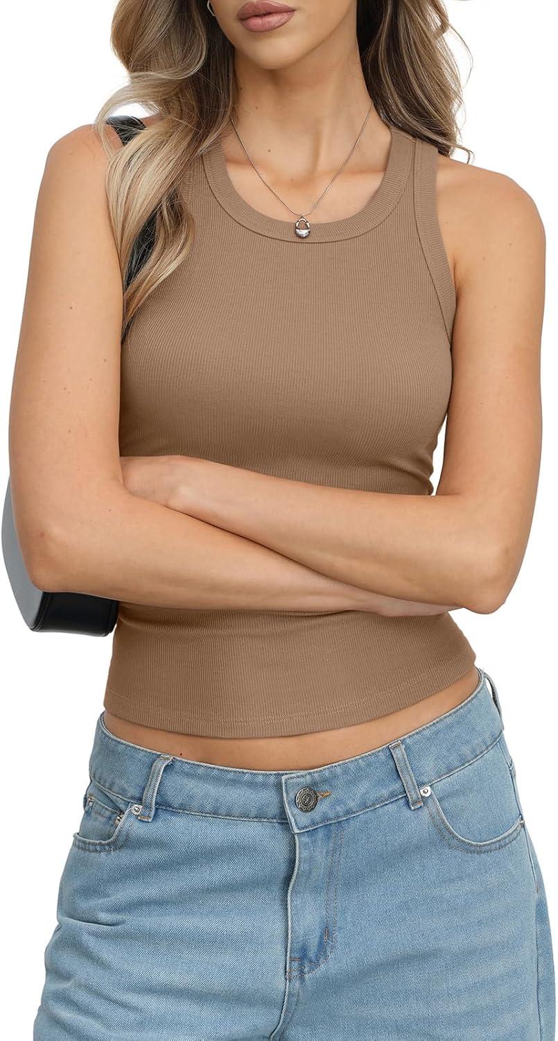 image:imageWomens Cotton Ribbed Crew Neck Tank Tops Sleeveless Fitted Basic Shirts Y2k Going Out Top Summer Trendy 2026Brown