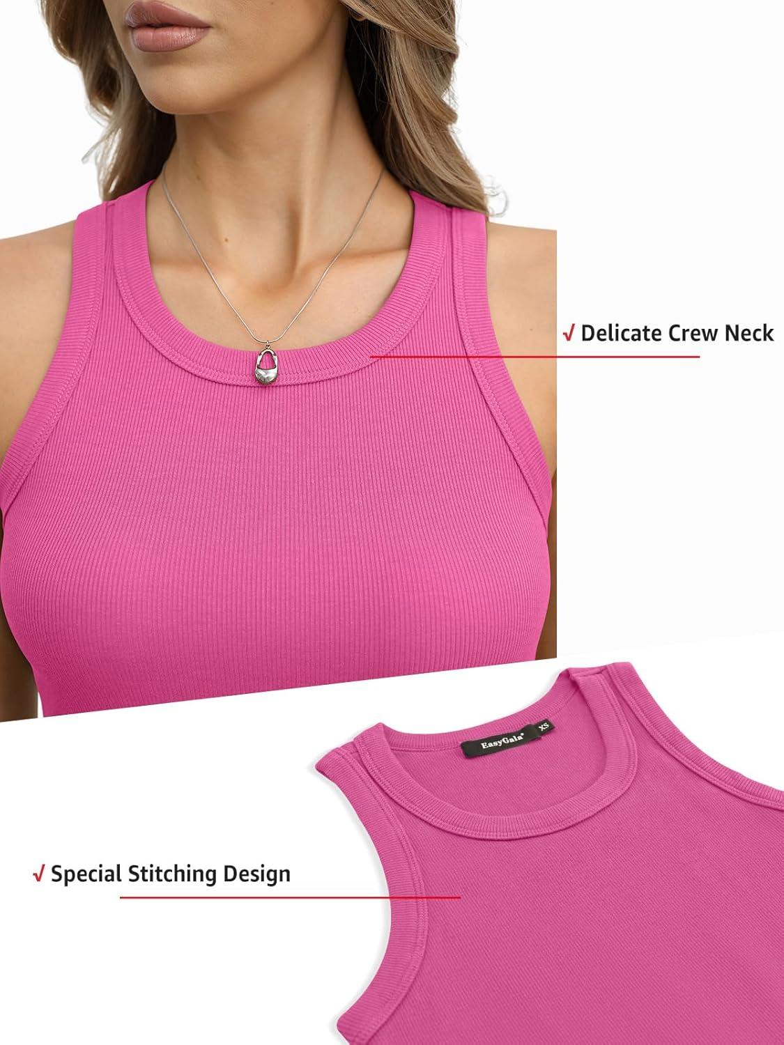 image:imageWomens Cotton Ribbed Crew Neck Tank Tops Sleeveless Fitted Basic Shirts Y2k Going Out Top Summer Trendy 2026Hot Pink