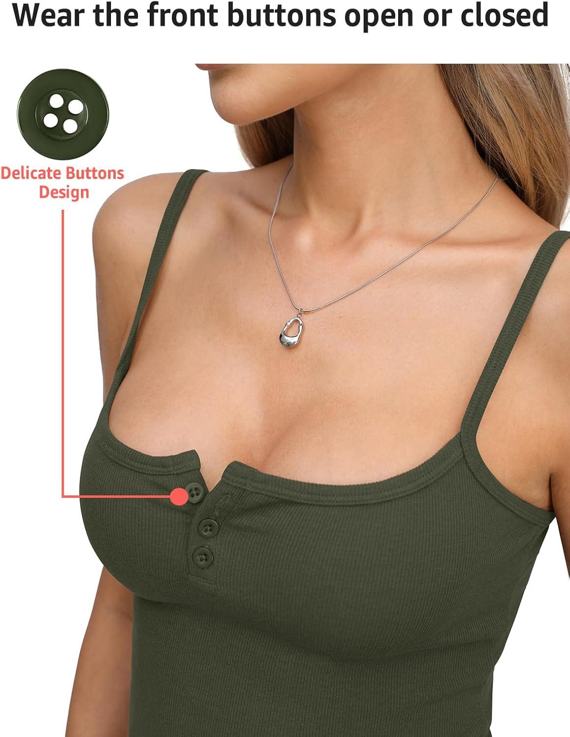 image:imageWomens Cotton Ribbed Henley Tank Tops Square Neck Camisole Adjustable Spaghetti Strap Fitted Shirts Summer 2026Army Green