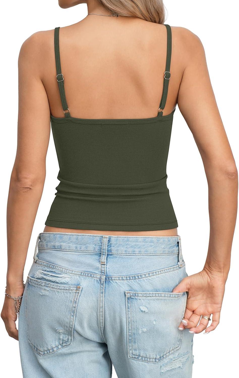 image:imageWomens Cotton Ribbed Henley Tank Tops Square Neck Camisole Adjustable Spaghetti Strap Fitted Shirts Summer 2026Army Green