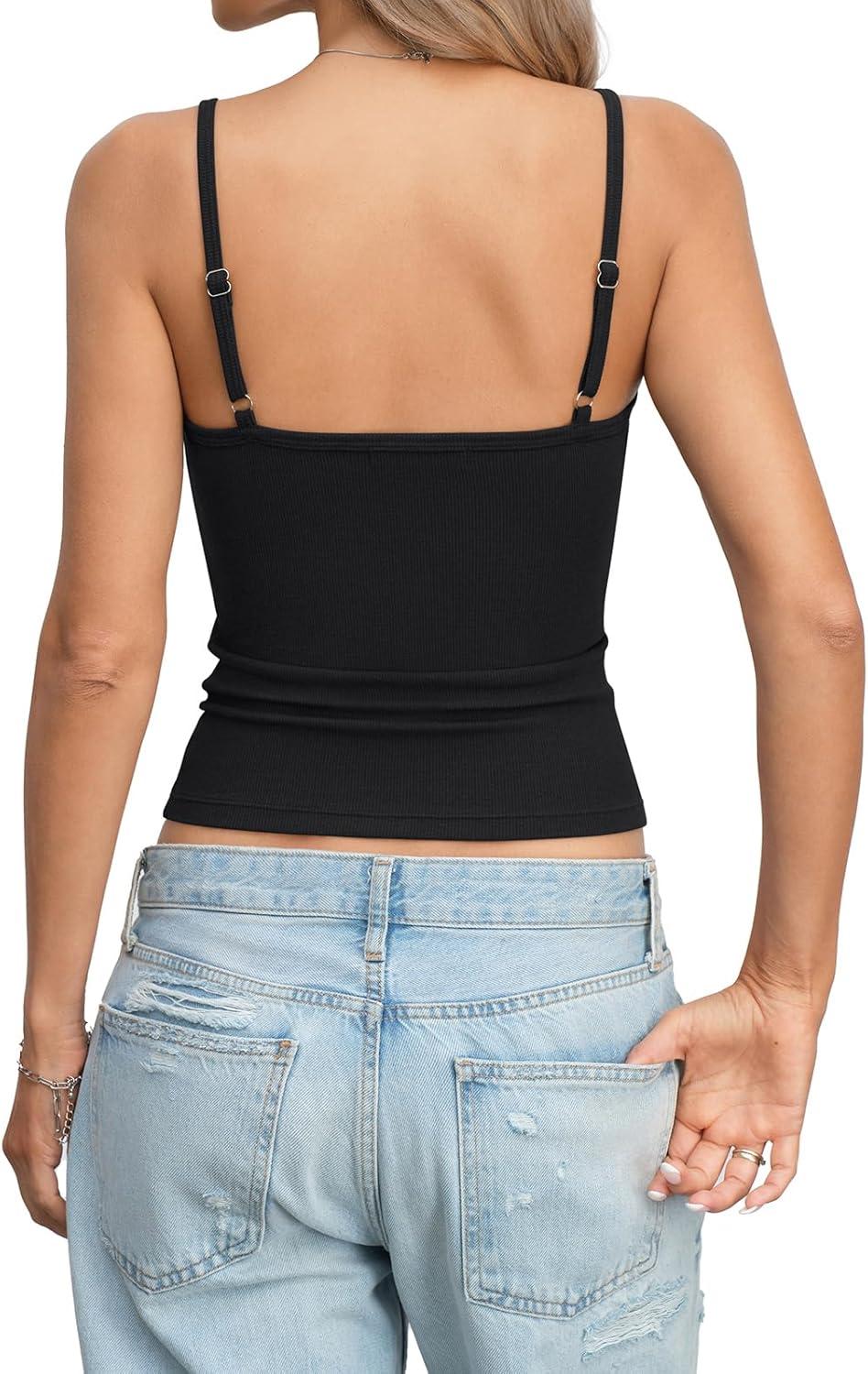 image:imageWomens Cotton Ribbed Henley Tank Tops Square Neck Camisole Adjustable Spaghetti Strap Fitted Shirts Summer 2026Black