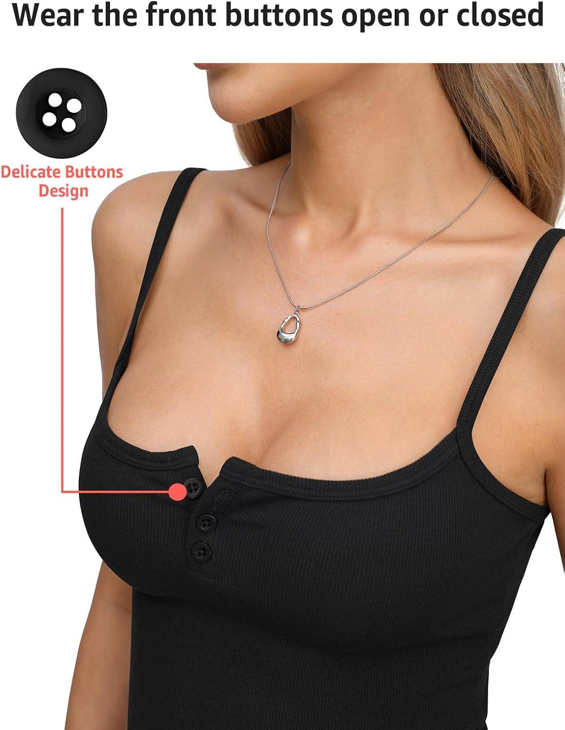 image:imageWomens Cotton Ribbed Henley Tank Tops Square Neck Camisole Adjustable Spaghetti Strap Fitted Shirts Summer 2026Black