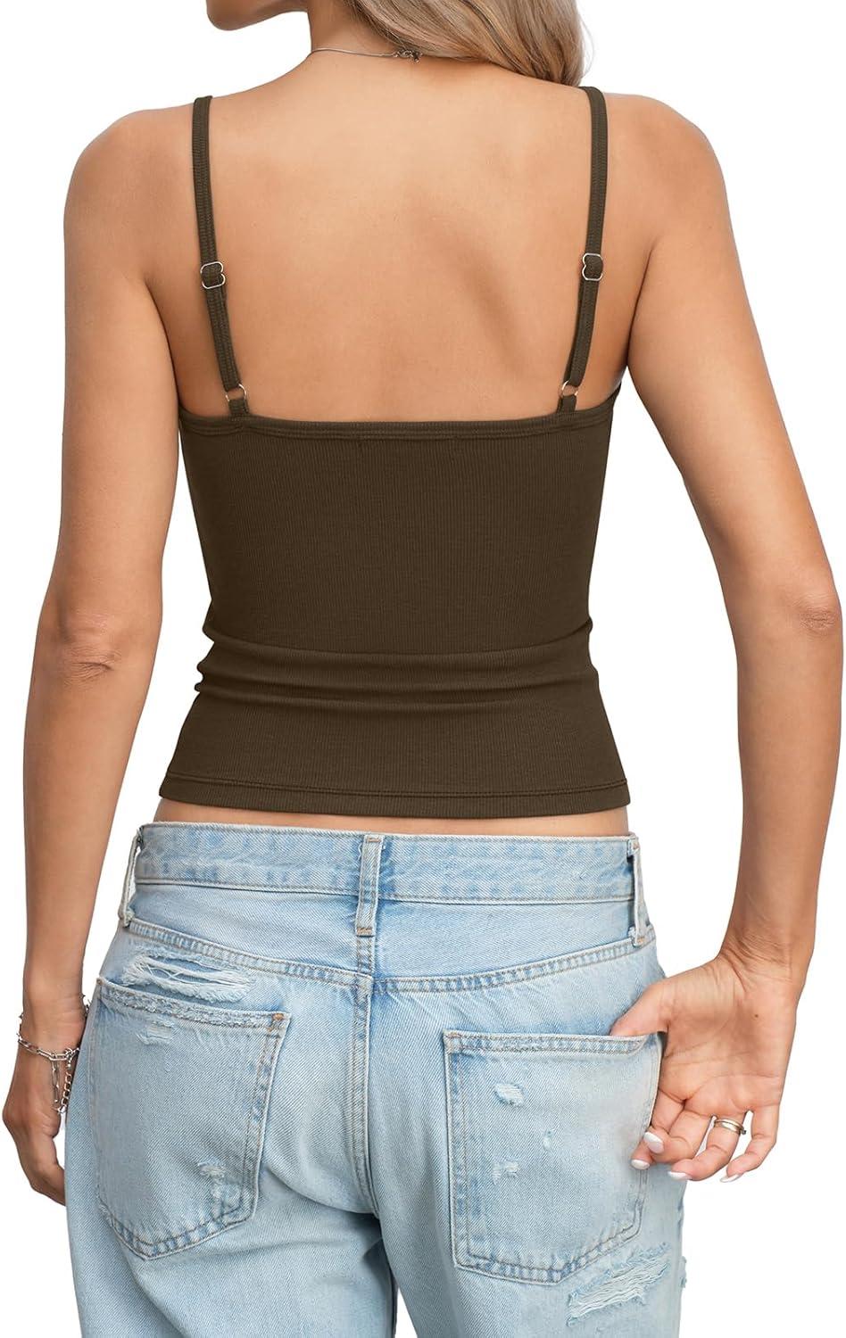 image:imageWomens Cotton Ribbed Henley Tank Tops Square Neck Camisole Adjustable Spaghetti Strap Fitted Shirts Summer 2026Brown