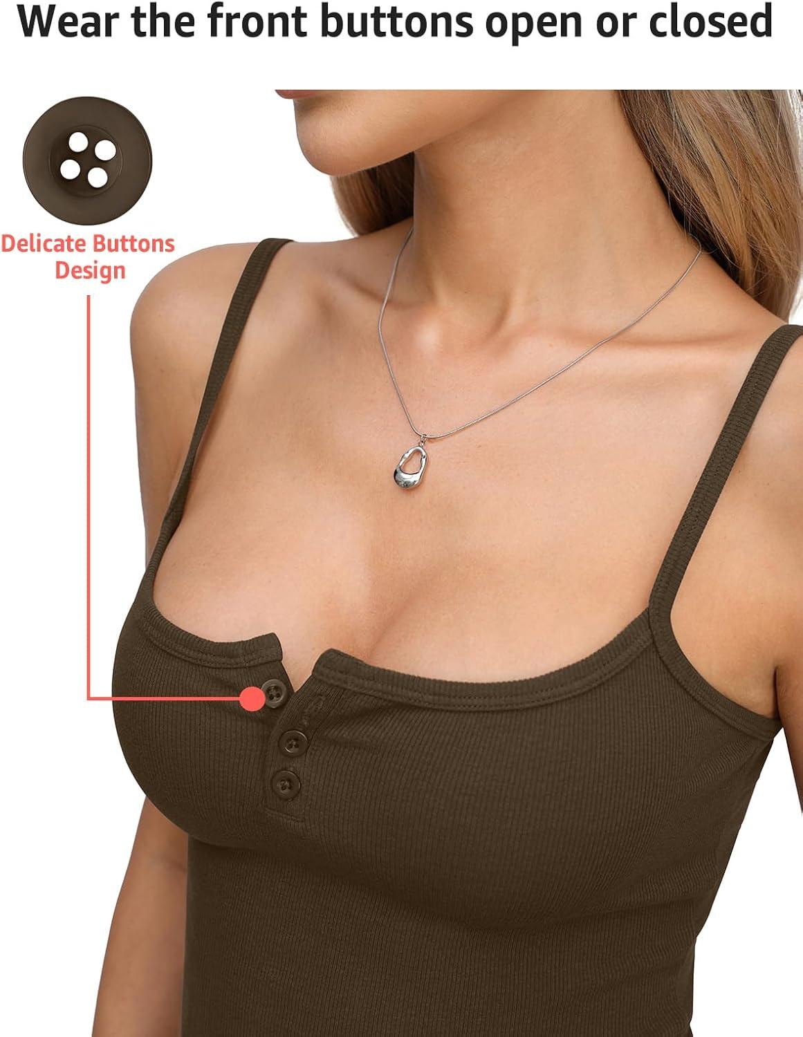 image:imageWomens Cotton Ribbed Henley Tank Tops Square Neck Camisole Adjustable Spaghetti Strap Fitted Shirts Summer 2026Brown