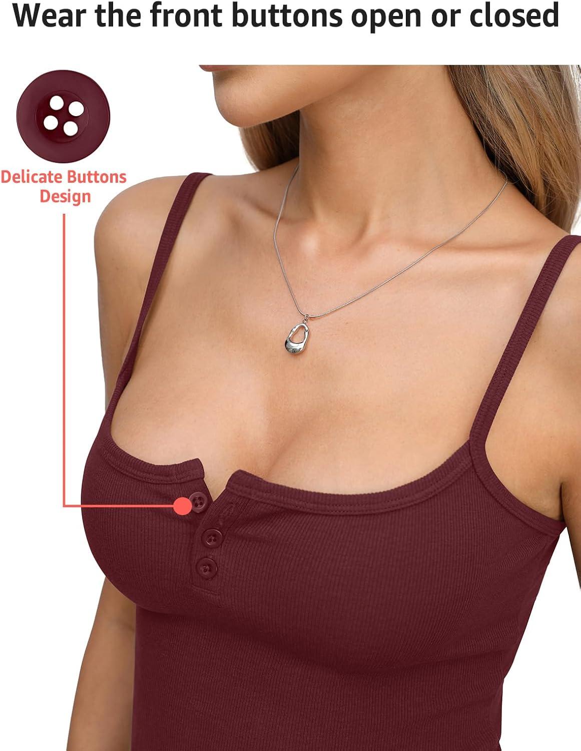 image:imageWomens Cotton Ribbed Henley Tank Tops Square Neck Camisole Adjustable Spaghetti Strap Fitted Shirts Summer 2026Wine Red