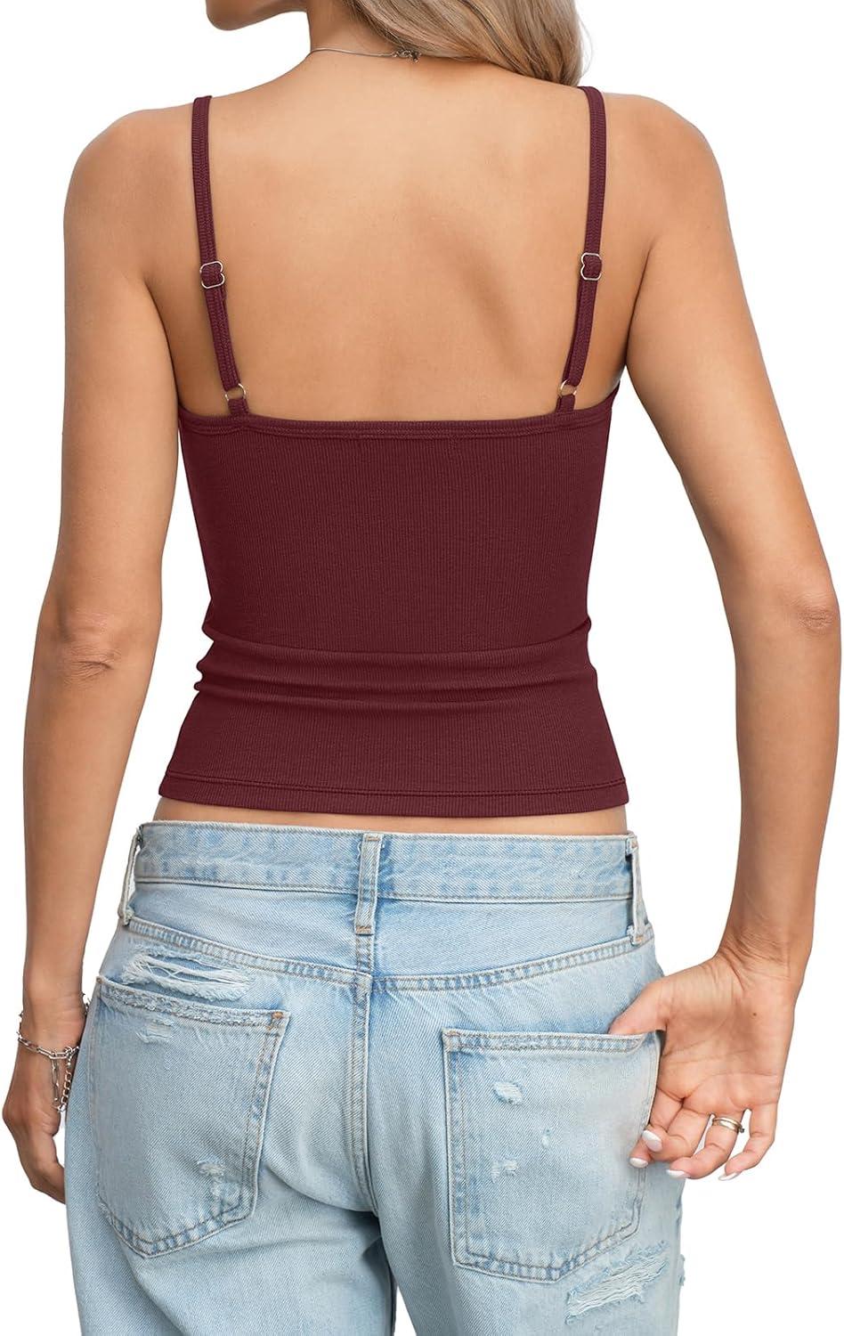 image:imageWomens Cotton Ribbed Henley Tank Tops Square Neck Camisole Adjustable Spaghetti Strap Fitted Shirts Summer 2026Wine Red