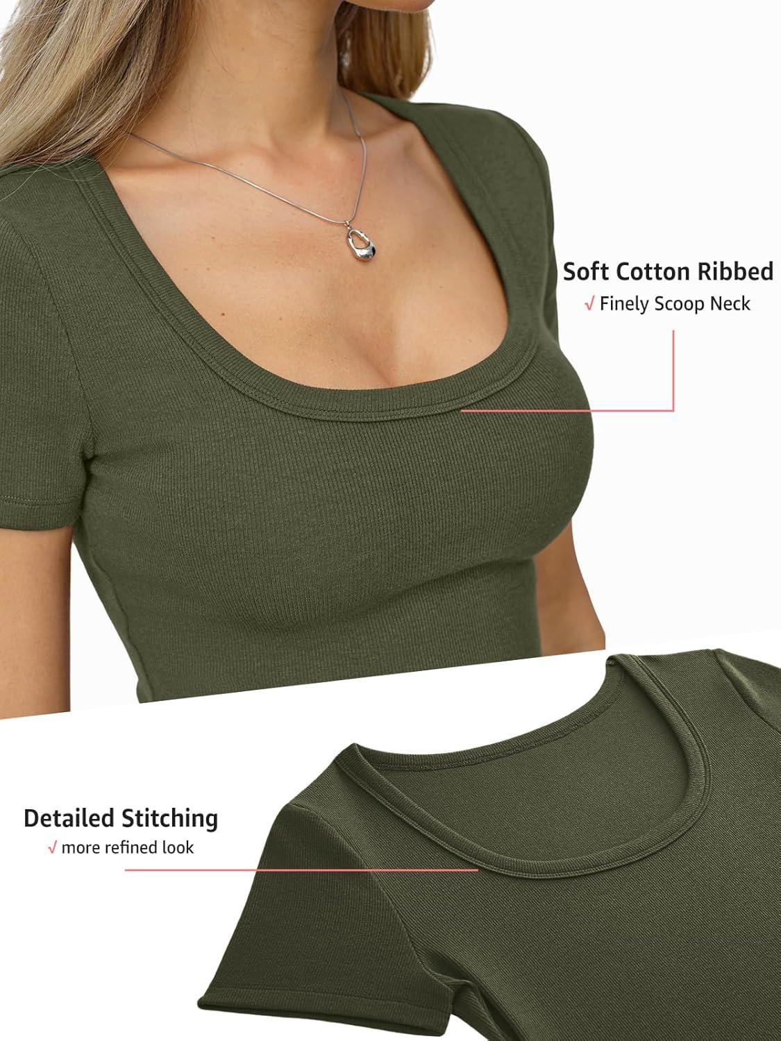 image:imageWomens Cotton Ribbed Short Sleeve Tops Summer Scoop Neck TShirts Cute Slim Fitted Tees Basic Casual Tops 2026Army Green
