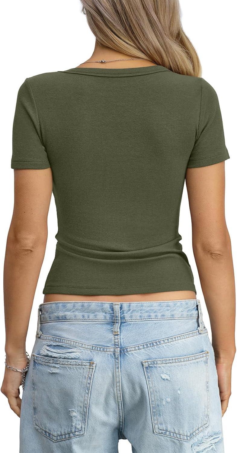 image:imageWomens Cotton Ribbed Short Sleeve Tops Summer Scoop Neck TShirts Cute Slim Fitted Tees Basic Casual Tops 2026Army Green