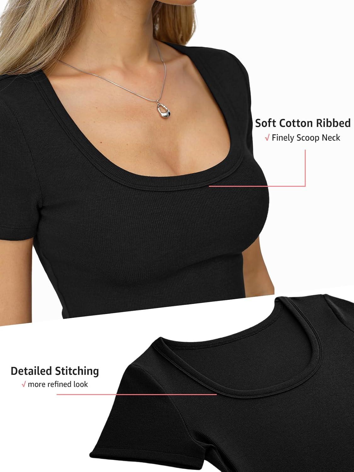 image:imageWomens Cotton Ribbed Short Sleeve Tops Summer Scoop Neck TShirts Cute Slim Fitted Tees Basic Casual Tops 2026Black