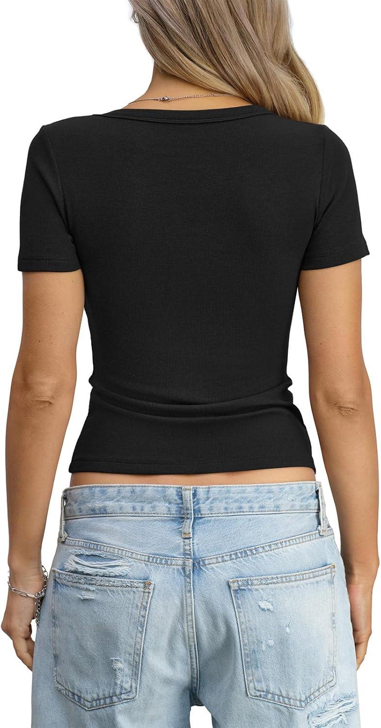 image:imageWomens Cotton Ribbed Short Sleeve Tops Summer Scoop Neck TShirts Cute Slim Fitted Tees Basic Casual Tops 2026Black