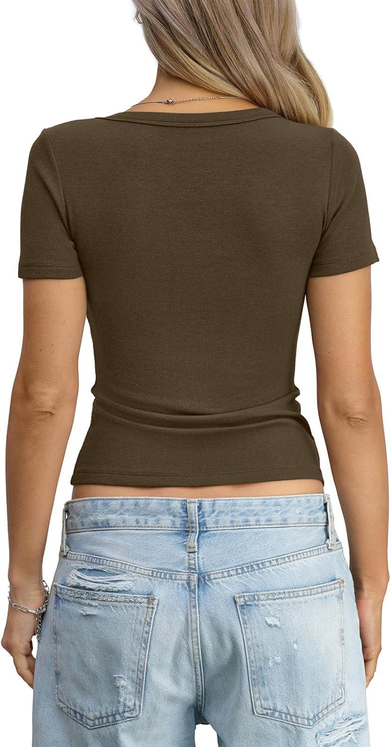 image:imageWomens Cotton Ribbed Short Sleeve Tops Summer Scoop Neck TShirts Cute Slim Fitted Tees Basic Casual Tops 2026Brown
