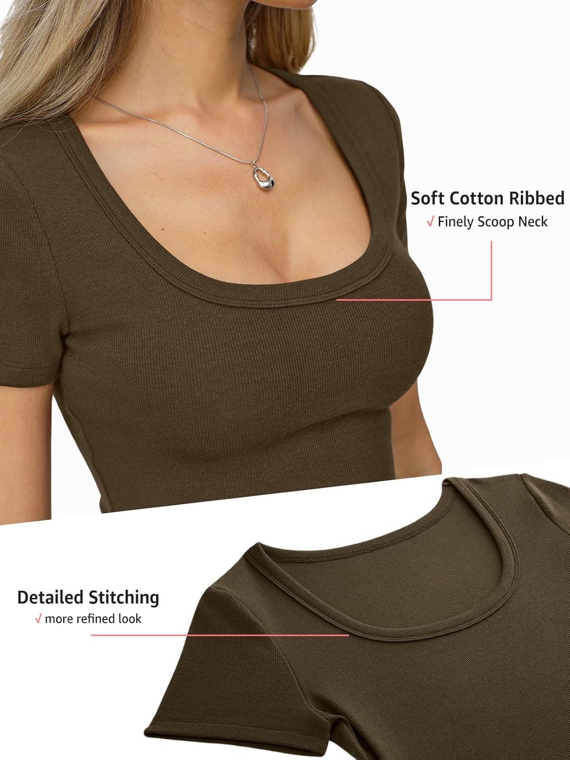 image:imageWomens Cotton Ribbed Short Sleeve Tops Summer Scoop Neck TShirts Cute Slim Fitted Tees Basic Casual Tops 2026Brown