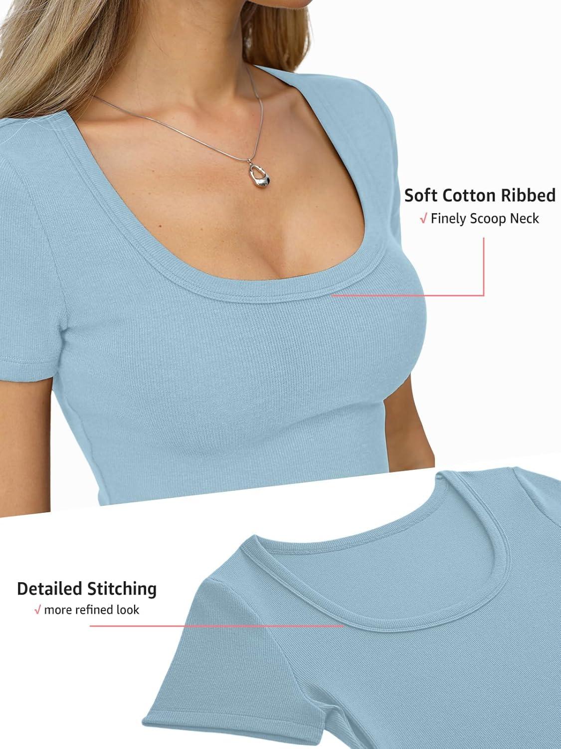 image:imageWomens Cotton Ribbed Short Sleeve Tops Summer Scoop Neck TShirts Cute Slim Fitted Tees Basic Casual Tops 2026Light Blue
