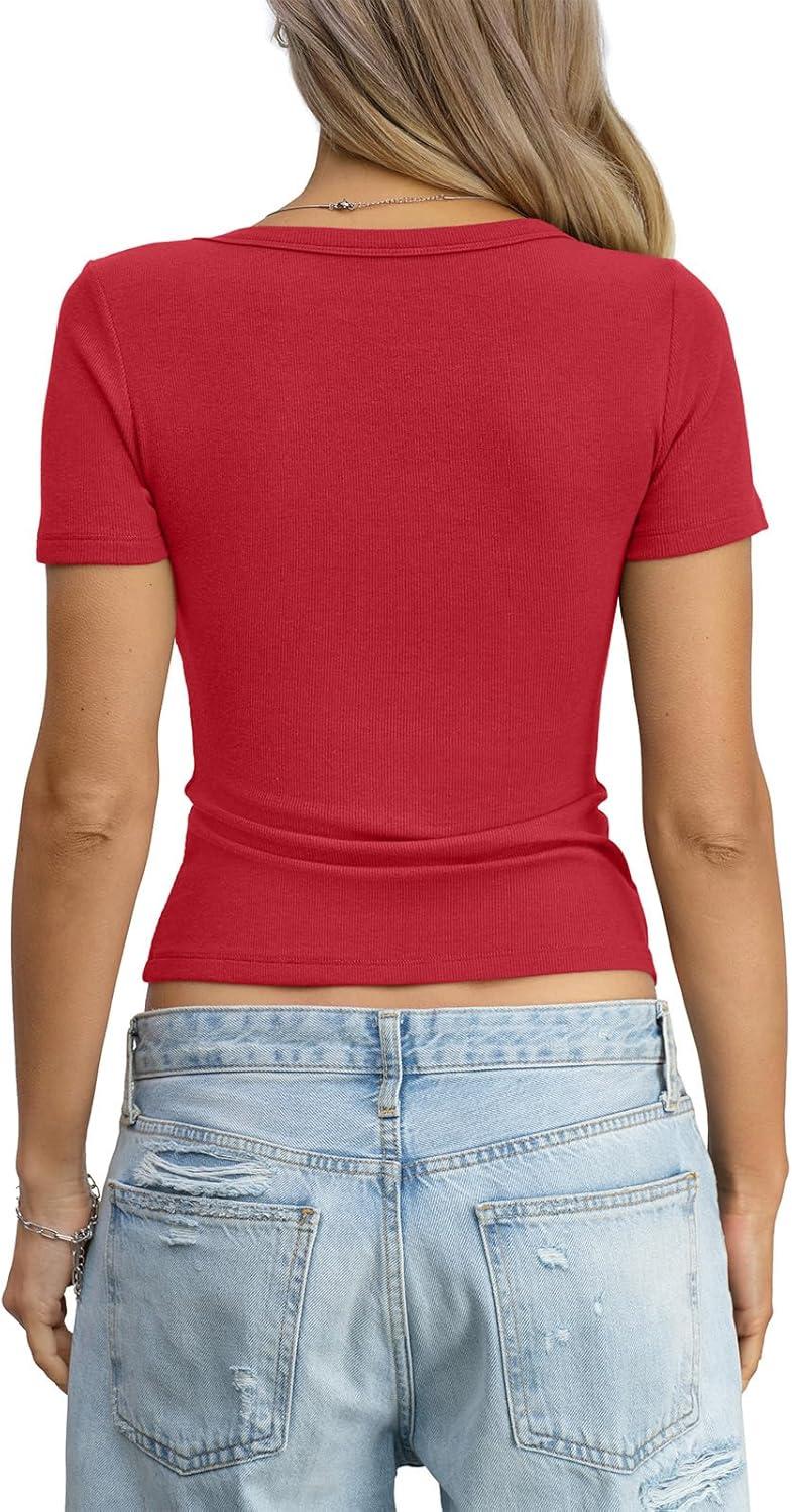 image:imageWomens Cotton Ribbed Short Sleeve Tops Summer Scoop Neck TShirts Cute Slim Fitted Tees Basic Casual Tops 2026Red