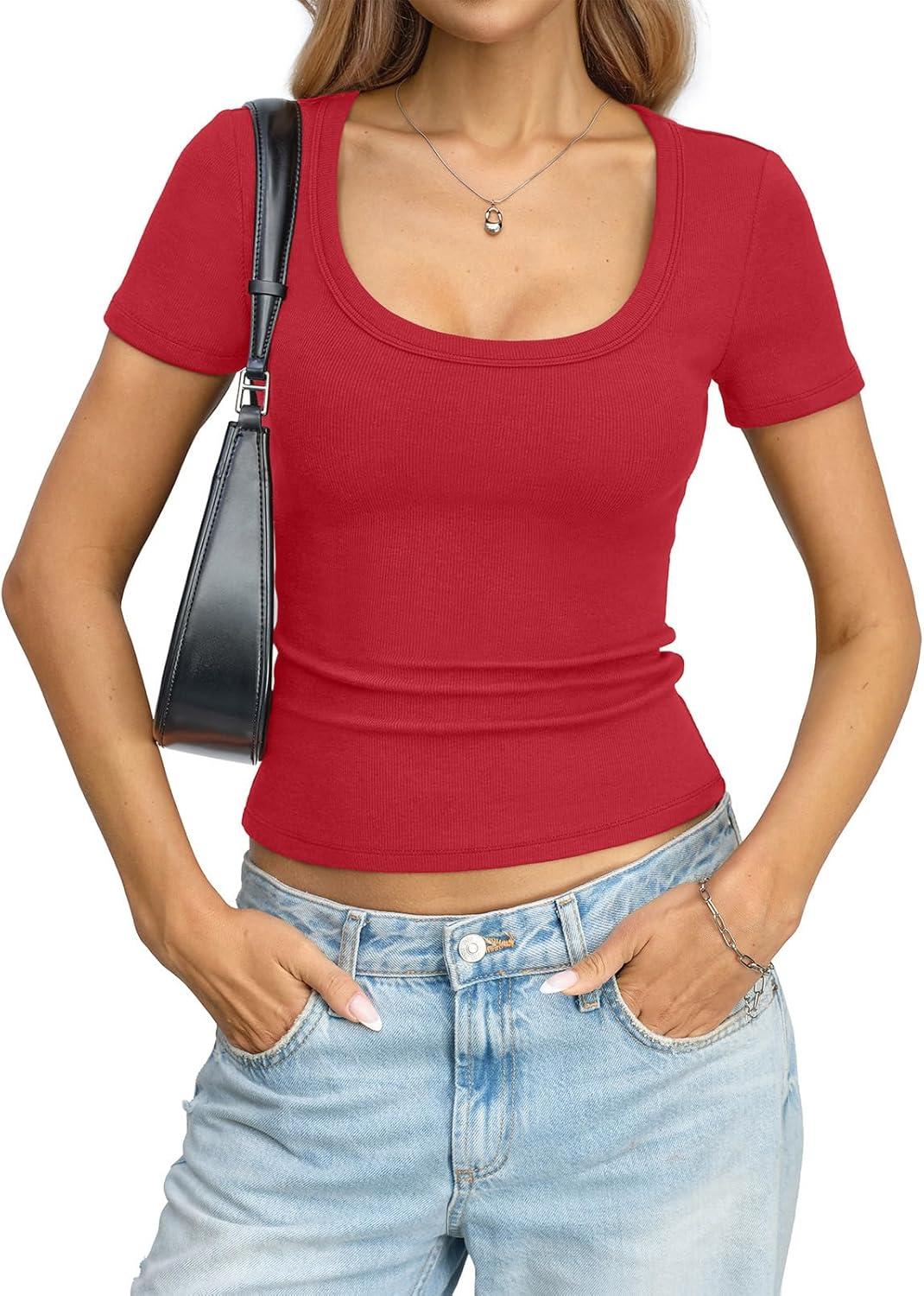 image:imageWomens Cotton Ribbed Short Sleeve Tops Summer Scoop Neck TShirts Cute Slim Fitted Tees Basic Casual Tops 2026Red