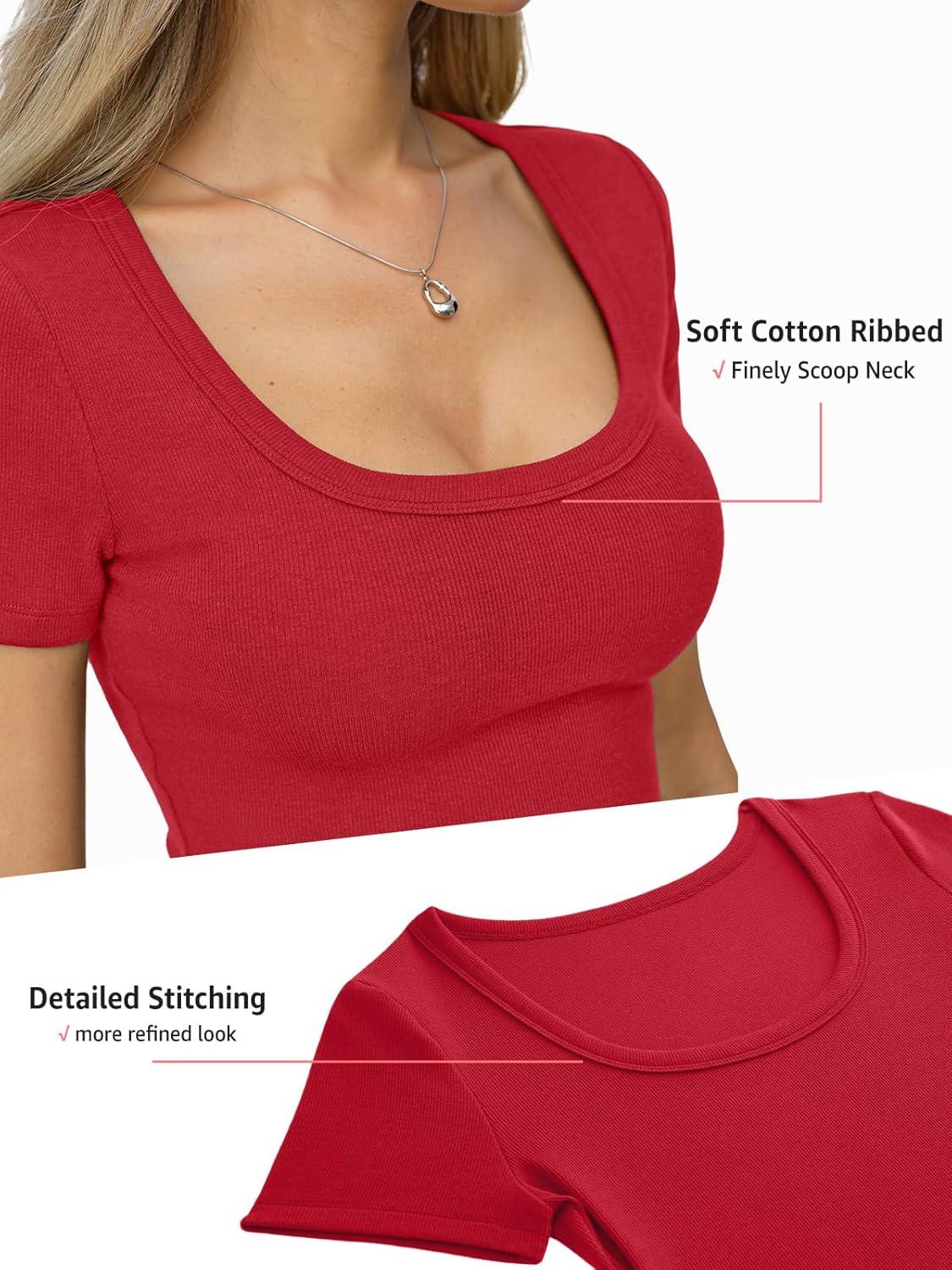 image:imageWomens Cotton Ribbed Short Sleeve Tops Summer Scoop Neck TShirts Cute Slim Fitted Tees Basic Casual Tops 2026Red
