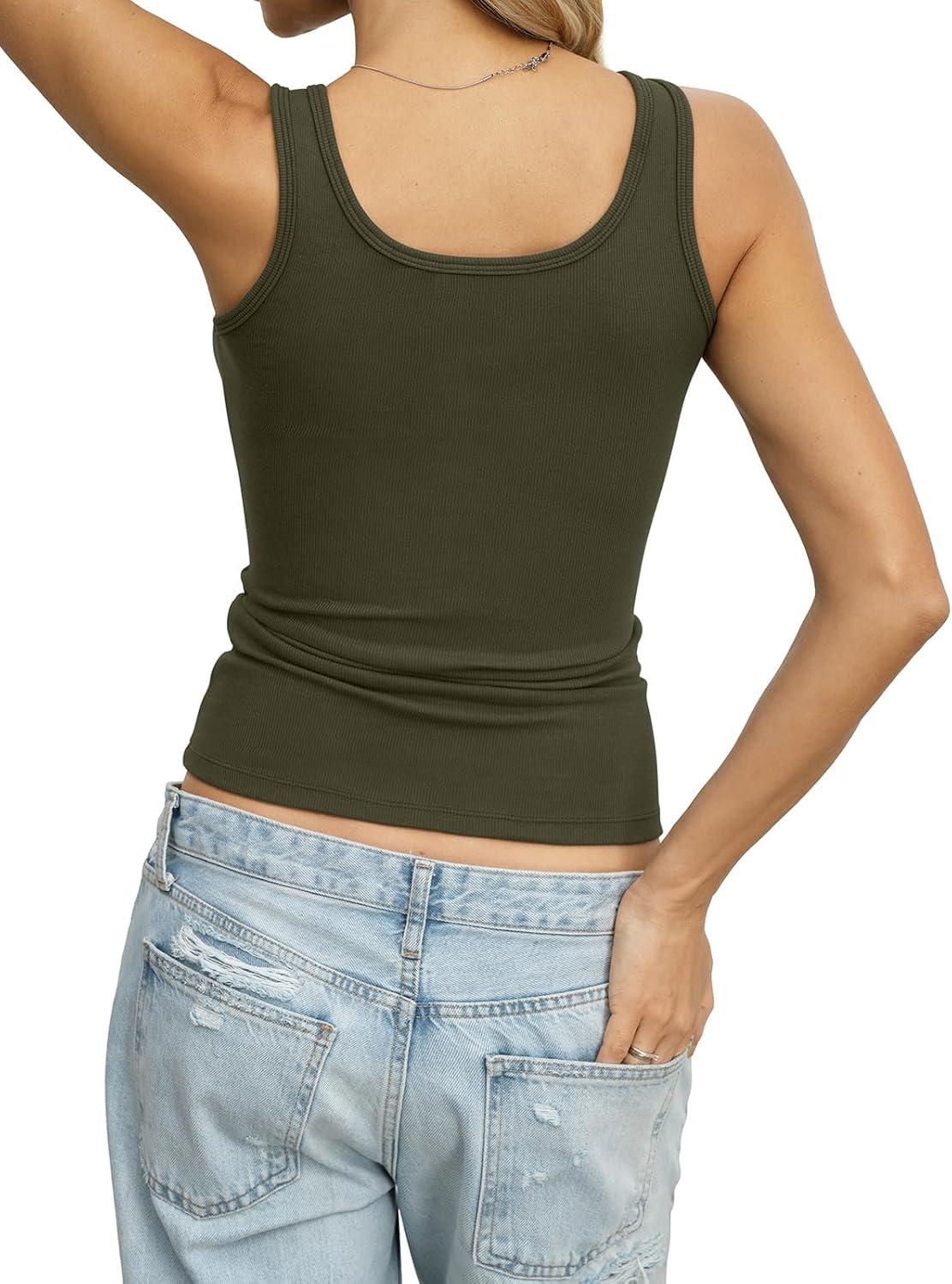 image:imageWomens Cotton Ribbed Tank Tops Basic Fitted Sleeveless Shirt y2k Slim Scoop Neck Top Cute Summer Going Out TankArmy Green