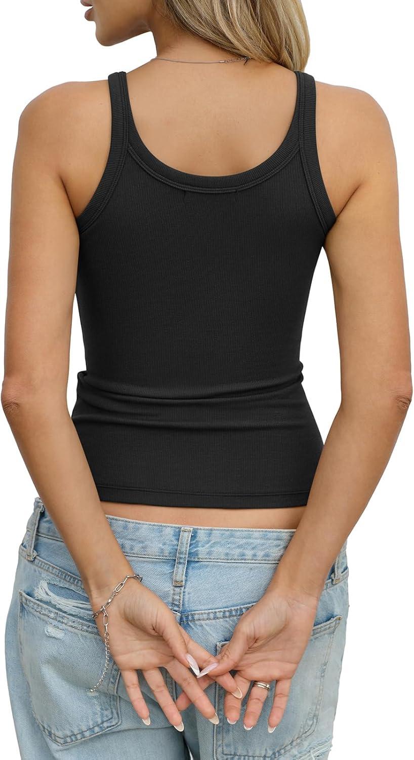 image:imageWomens Cotton Ribbed Tank Tops Spaghetti Strap Scoop Neck Basic Fitted Sleeveless Shirts Summer Clothes 2026Black