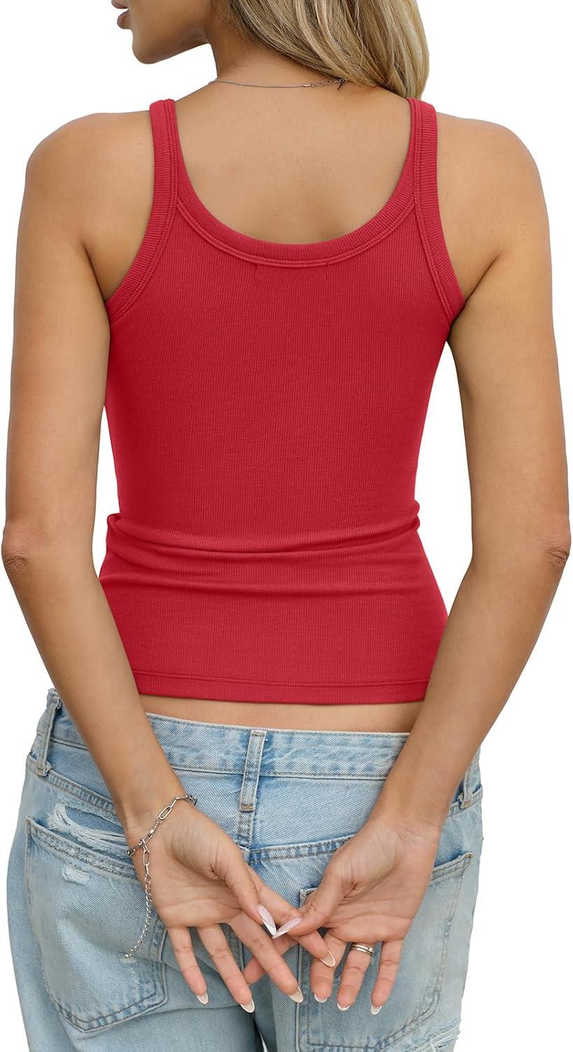image:imageWomens Cotton Ribbed Tank Tops Spaghetti Strap Scoop Neck Basic Fitted Sleeveless Shirts Summer Clothes 2026Red