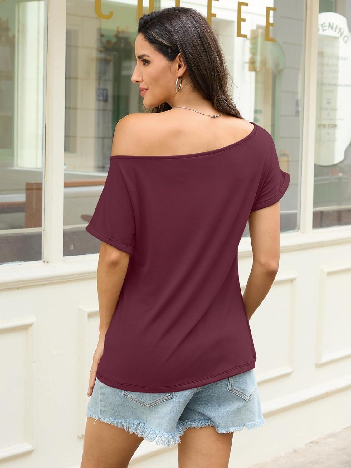 image:imageWomens Off Shoulder Tops Sexy Short Sleeve Shirts Rolled Sleeve Loose T Shirts Summer Going Out Clothes 2026Burgundy