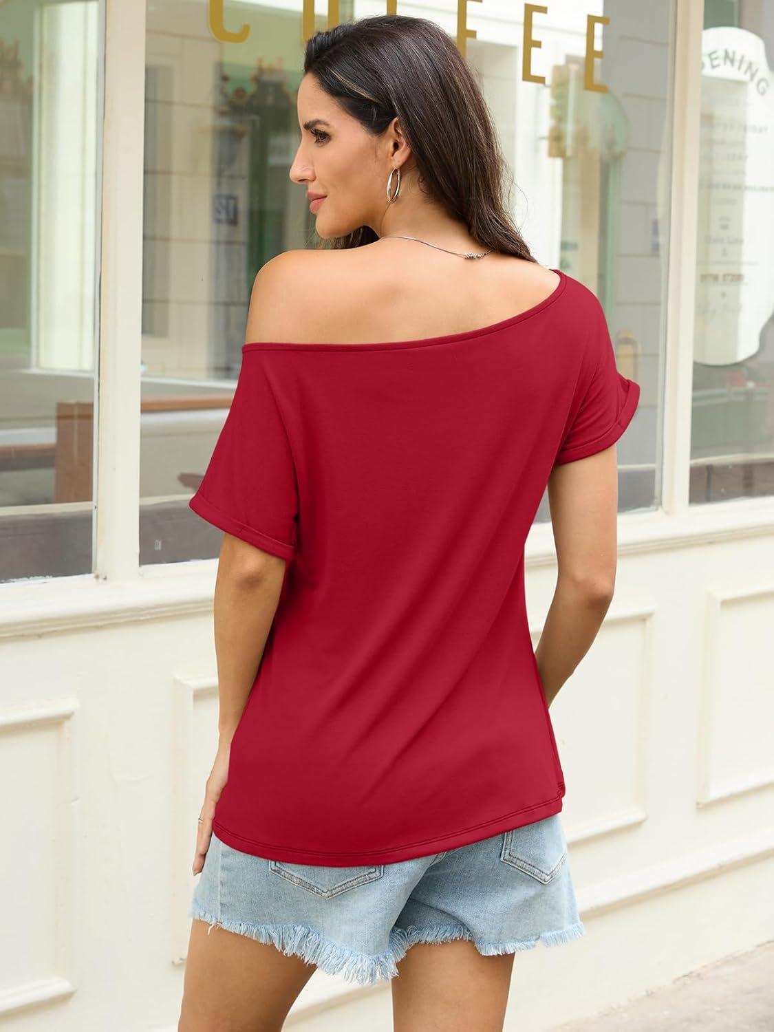 image:imageWomens Off Shoulder Tops Sexy Short Sleeve Shirts Rolled Sleeve Loose T Shirts Summer Going Out Clothes 2026Red
