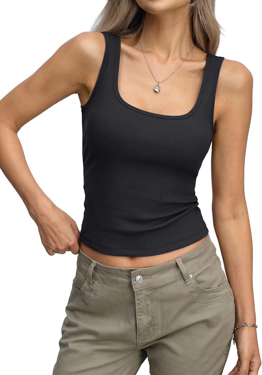 image:imageWomens Ribbed Crop Tank Tops Scoop Neck Sleeveless Basic Fitted Shirts Sexy Going Out Top 2026 Summer ClothesBlack