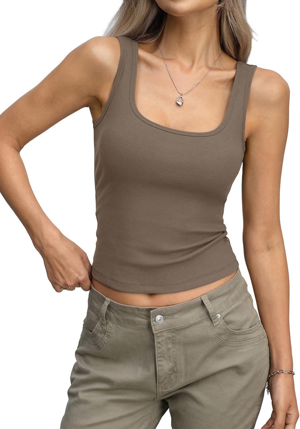 image:imageWomens Ribbed Crop Tank Tops Scoop Neck Sleeveless Basic Fitted Shirts Sexy Going Out Top 2026 Summer ClothesCoffee