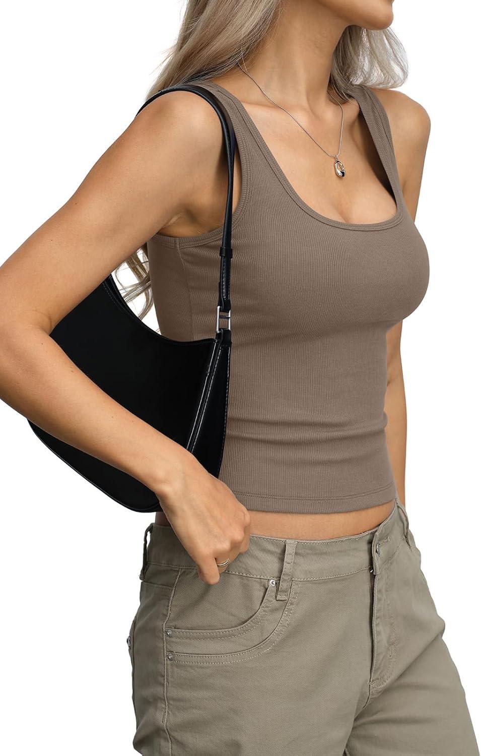 image:imageWomens Ribbed Crop Tank Tops Scoop Neck Sleeveless Basic Fitted Shirts Sexy Going Out Top 2026 Summer ClothesCoffee