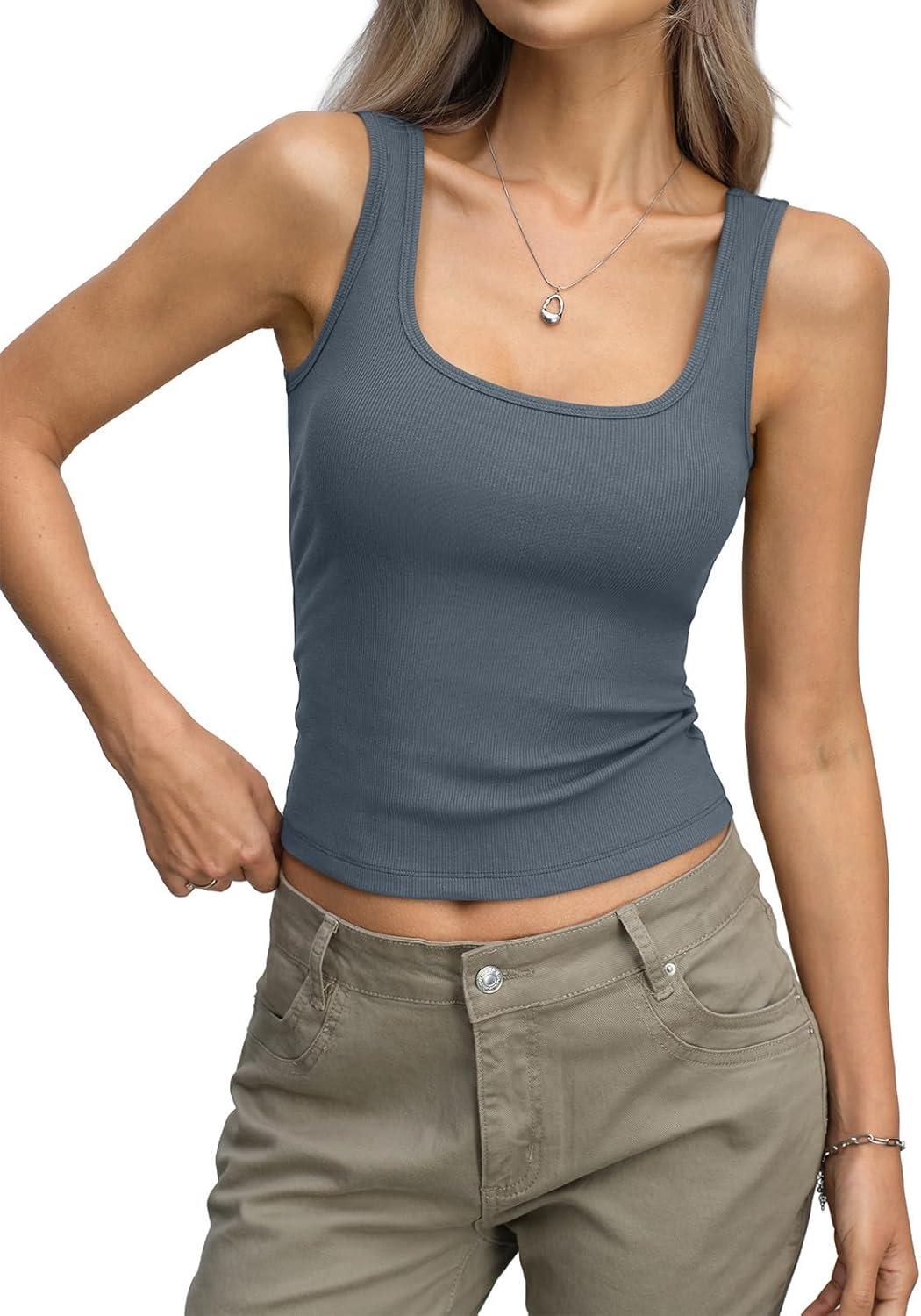 image:imageWomens Ribbed Crop Tank Tops Scoop Neck Sleeveless Basic Fitted Shirts Sexy Going Out Top 2026 Summer ClothesGrey Green