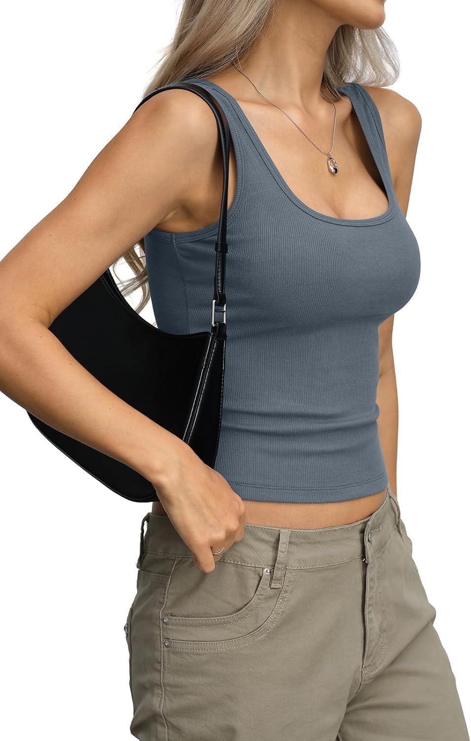 image:imageWomens Ribbed Crop Tank Tops Scoop Neck Sleeveless Basic Fitted Shirts Sexy Going Out Top 2026 Summer ClothesGrey Green