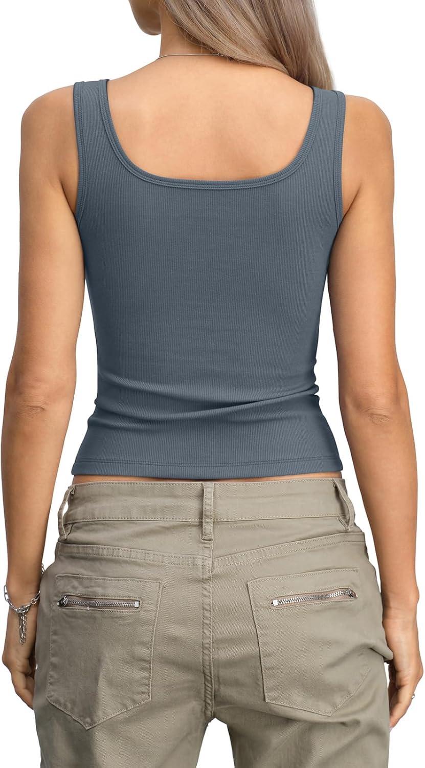 image:imageWomens Ribbed Crop Tank Tops Scoop Neck Sleeveless Basic Fitted Shirts Sexy Going Out Top 2026 Summer ClothesGrey Green