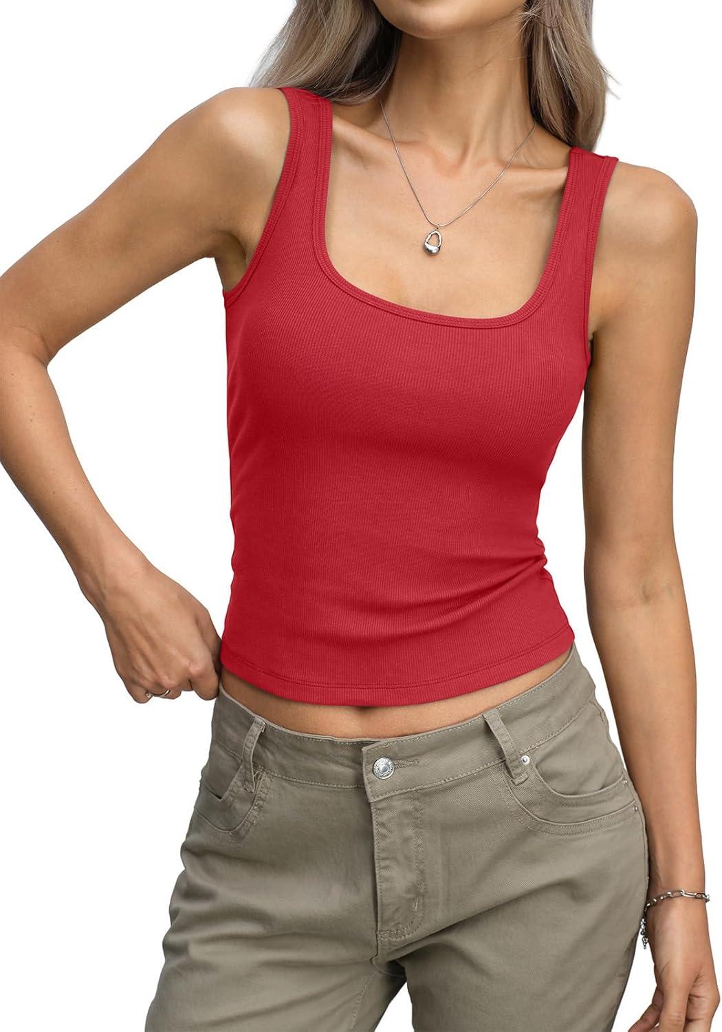 image:imageWomens Ribbed Crop Tank Tops Scoop Neck Sleeveless Basic Fitted Shirts Sexy Going Out Top 2026 Summer ClothesRed