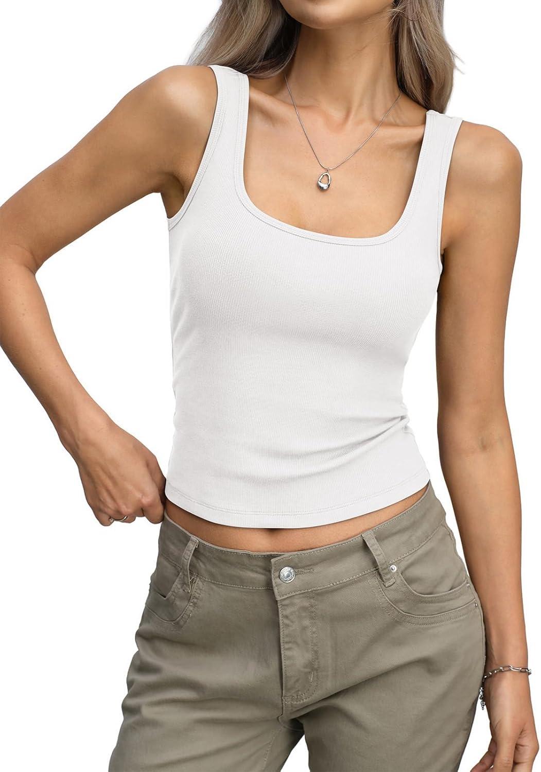 image:imageWomens Ribbed Crop Tank Tops Scoop Neck Sleeveless Basic Fitted Shirts Sexy Going Out Top 2026 Summer ClothesWhite