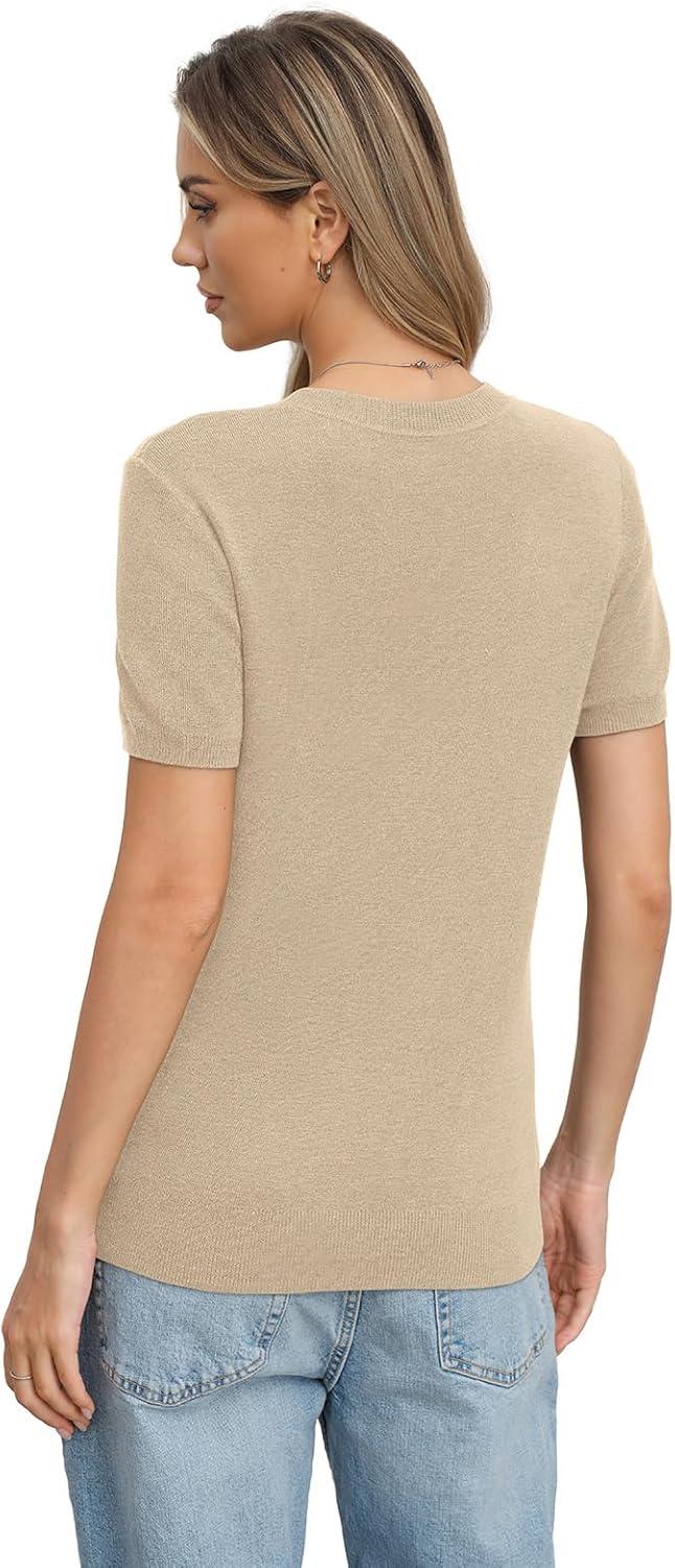 image:imageWomens Wool Blend Lightweight Sweater Crew Neck Short Sleeve Knit Pullover Tops Summer Business Casual OutfitsBeige