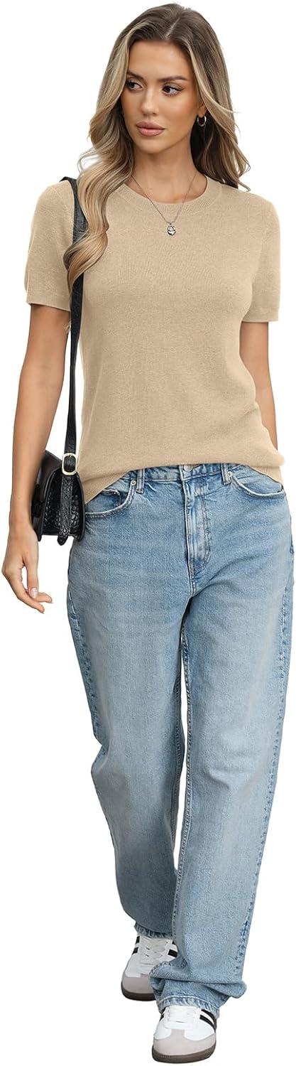 image:imageWomens Wool Blend Lightweight Sweater Crew Neck Short Sleeve Knit Pullover Tops Summer Business Casual OutfitsBeige