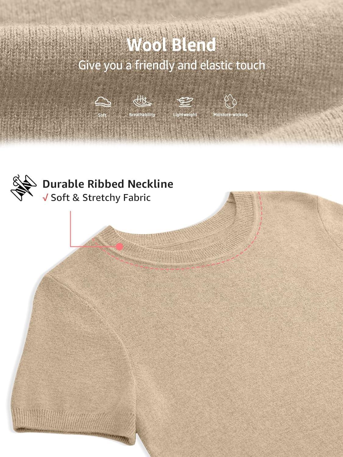 image:imageWomens Wool Blend Lightweight Sweater Crew Neck Short Sleeve Knit Pullover Tops Summer Business Casual OutfitsBeige