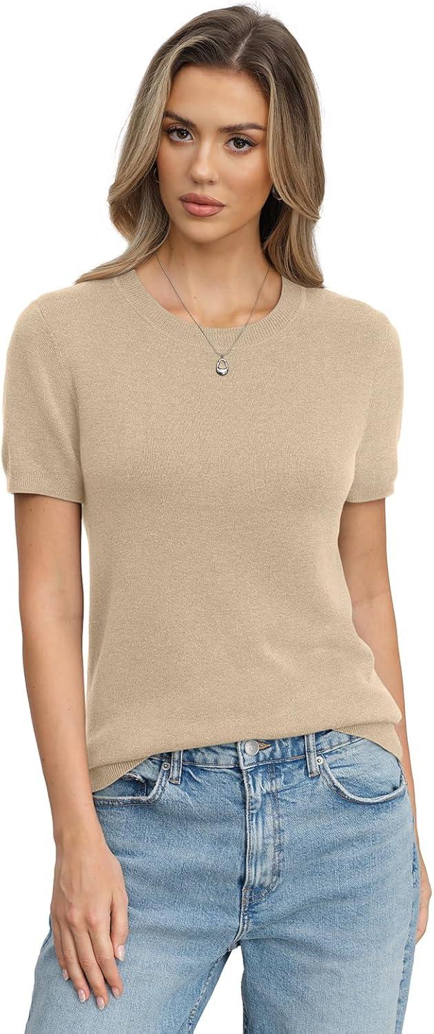 image:imageWomens Wool Blend Lightweight Sweater Crew Neck Short Sleeve Knit Pullover Tops Summer Business Casual OutfitsBeige