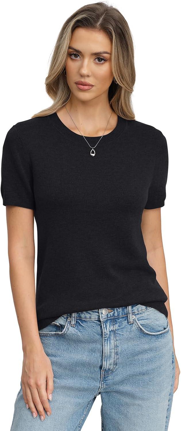 image:imageWomens Wool Blend Lightweight Sweater Crew Neck Short Sleeve Knit Pullover Tops Summer Business Casual OutfitsBlack