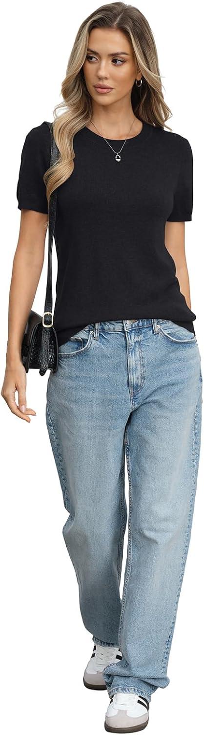 image:imageWomens Wool Blend Lightweight Sweater Crew Neck Short Sleeve Knit Pullover Tops Summer Business Casual OutfitsBlack