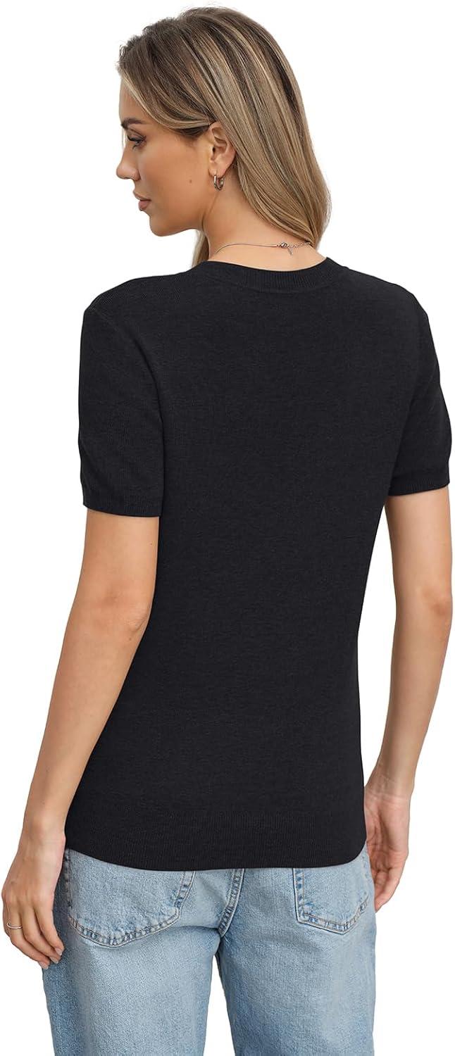 image:imageWomens Wool Blend Lightweight Sweater Crew Neck Short Sleeve Knit Pullover Tops Summer Business Casual OutfitsBlack