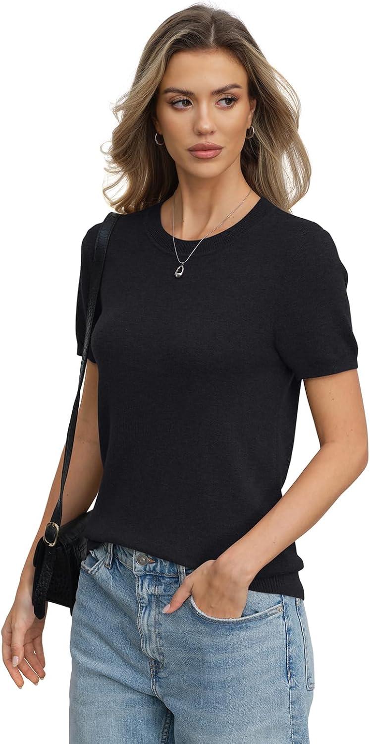 image:imageWomens Wool Blend Lightweight Sweater Crew Neck Short Sleeve Knit Pullover Tops Summer Business Casual OutfitsBlack