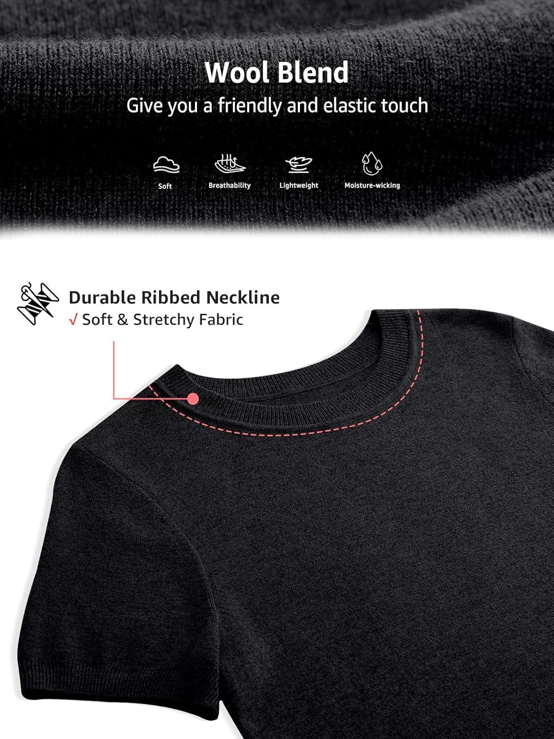 image:imageWomens Wool Blend Lightweight Sweater Crew Neck Short Sleeve Knit Pullover Tops Summer Business Casual OutfitsBlack