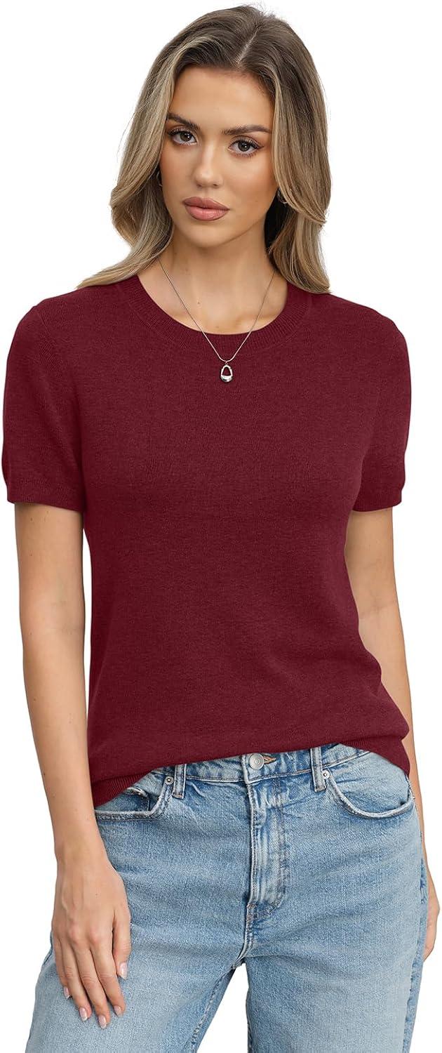 image:imageWomens Wool Blend Lightweight Sweater Crew Neck Short Sleeve Knit Pullover Tops Summer Business Casual OutfitsBurgundy Red