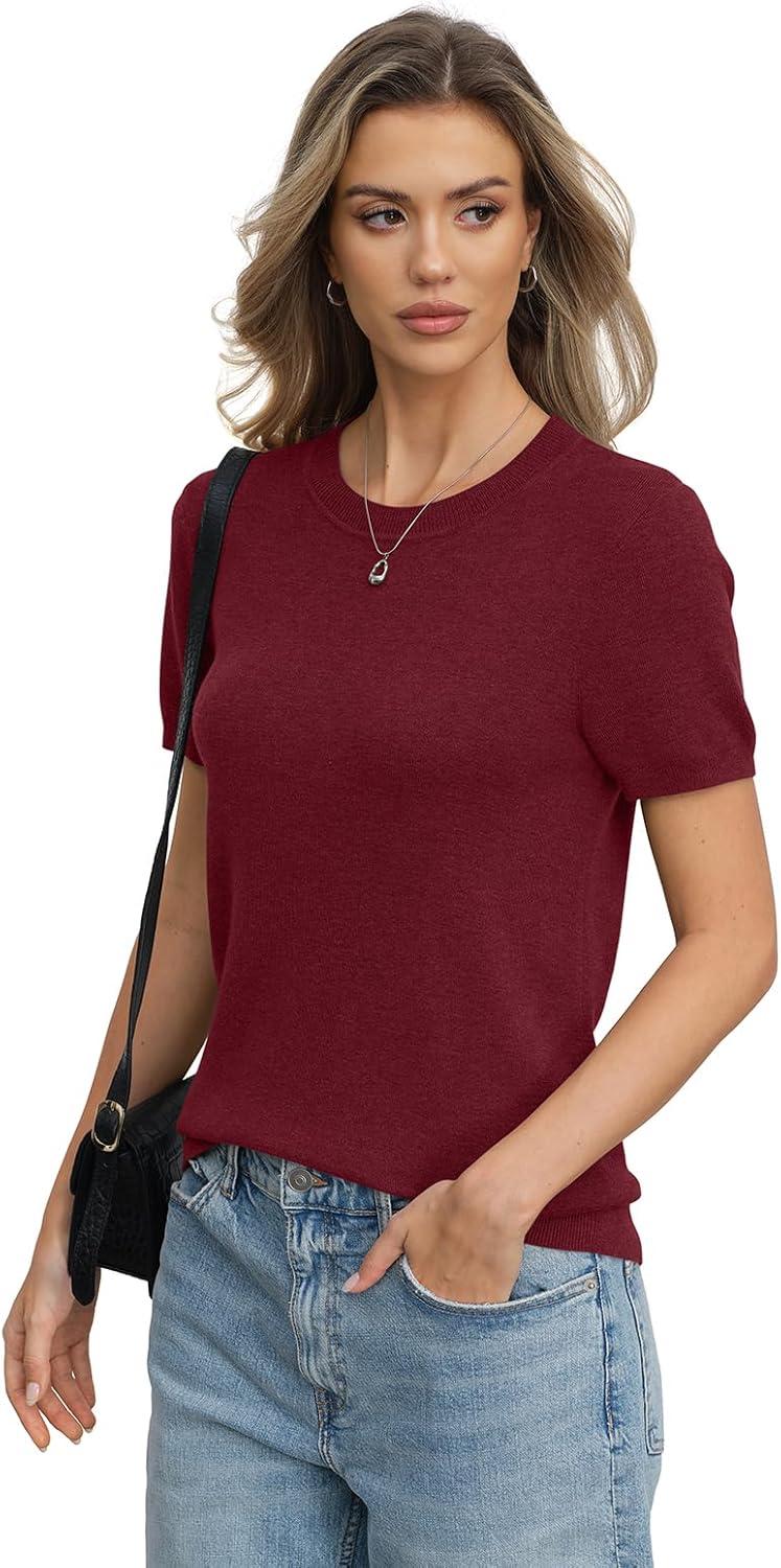 image:imageWomens Wool Blend Lightweight Sweater Crew Neck Short Sleeve Knit Pullover Tops Summer Business Casual OutfitsBurgundy Red