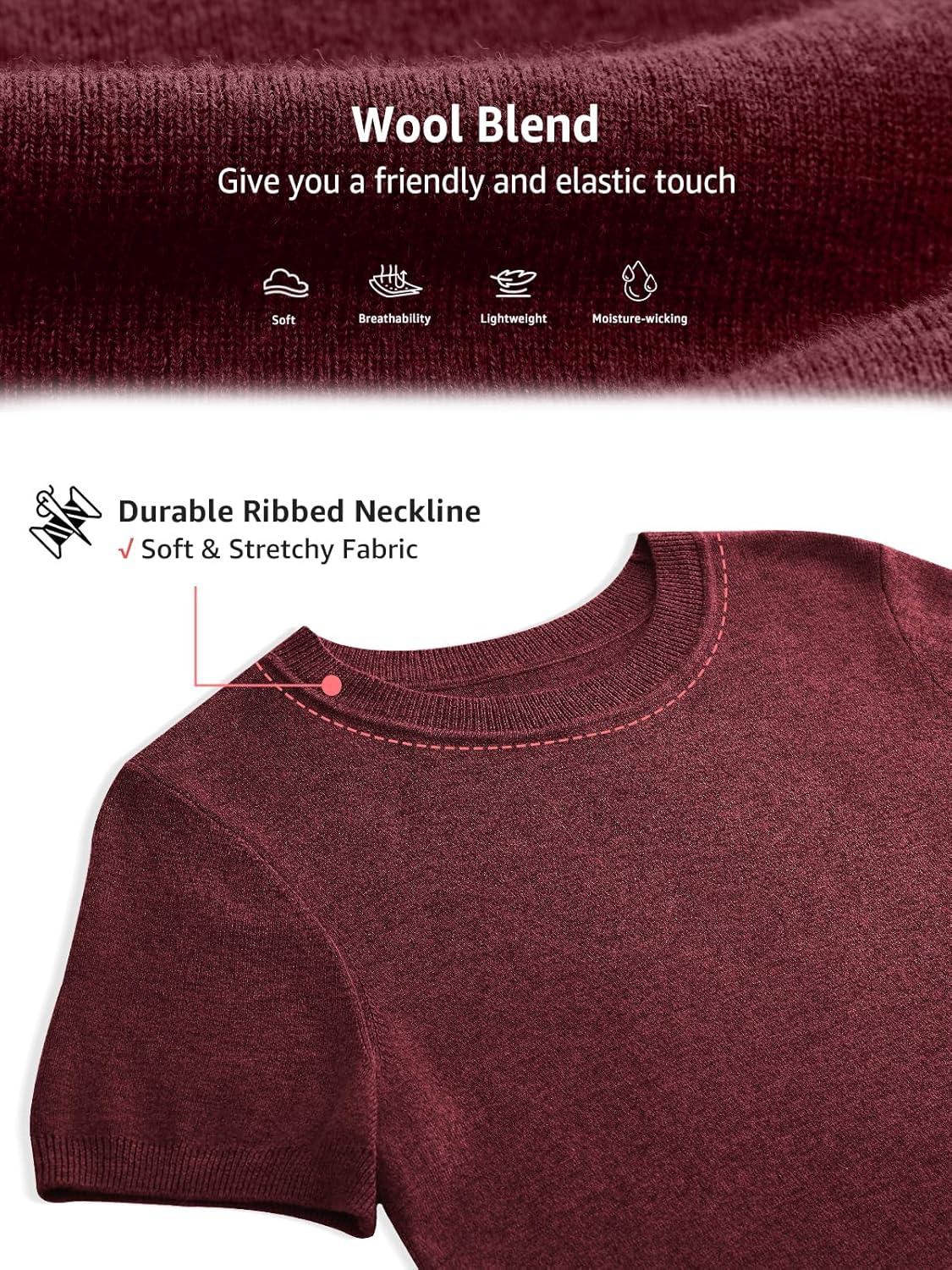 image:imageWomens Wool Blend Lightweight Sweater Crew Neck Short Sleeve Knit Pullover Tops Summer Business Casual OutfitsBurgundy Red