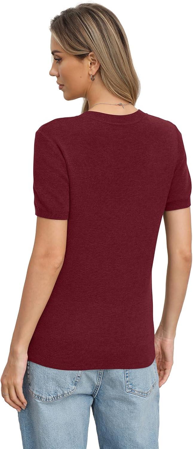 image:imageWomens Wool Blend Lightweight Sweater Crew Neck Short Sleeve Knit Pullover Tops Summer Business Casual OutfitsBurgundy Red